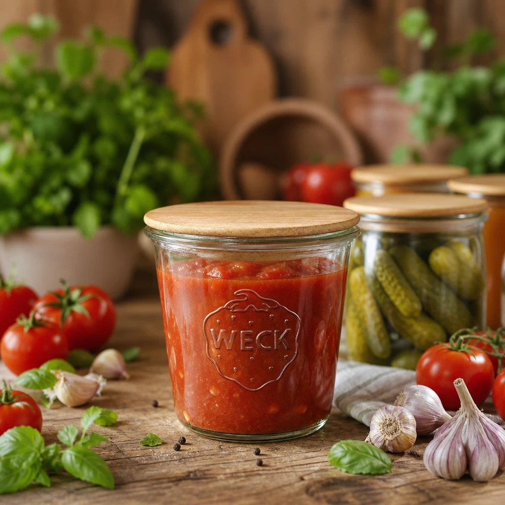 580ml WECK RR100 tumbler con coperchio di legno Vaso per conserve WECK da 580 ml con coperchio in legno, riempito di salsa di pomodoro e circondato da ingredienti freschi e cetriolini.
