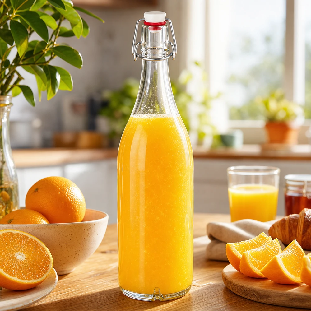 Bottiglia di vetro da 1000 ml con tappo oscillante riempita di succo d'arancia fresco accanto alle arance sul tavolo della cucina