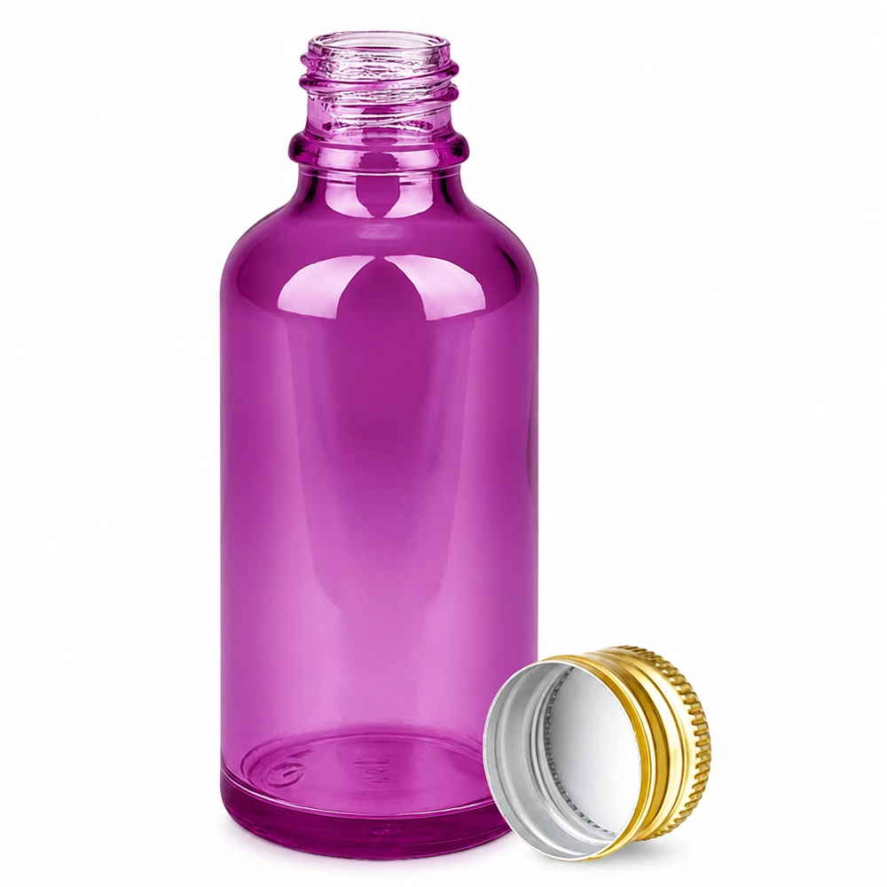 Flacone da 50ml tappo a vite 11mm alluminio oro standard PurpleLine. UT18/50 Elegante flacone viola da 50 ml con filettatura standard da 11 mm per applicazioni professionali