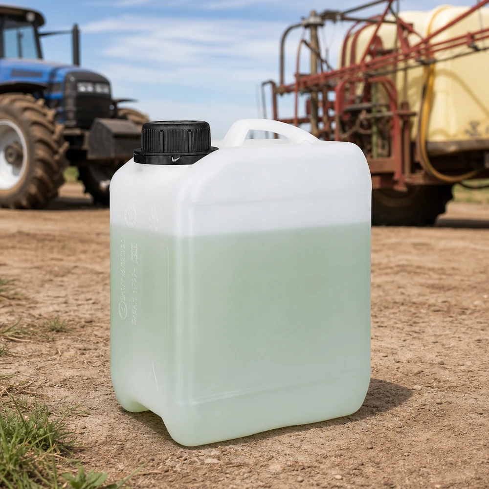 Tanica 2,5 litri con tappo a vite OV Contenitore Agrarkanister da 2,5 litri, bianco, contenente un liquido verdastro e dotato di tappo a vite nero, in uso sul campo