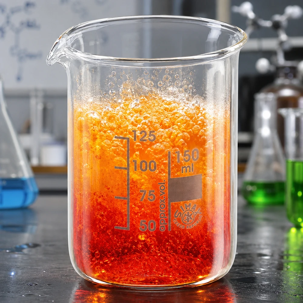 Bicchiere di qualità da laboratorio da 150 ml di forma bassa con soluzione di reazione rosso-arancio e scala millilitrica chiara