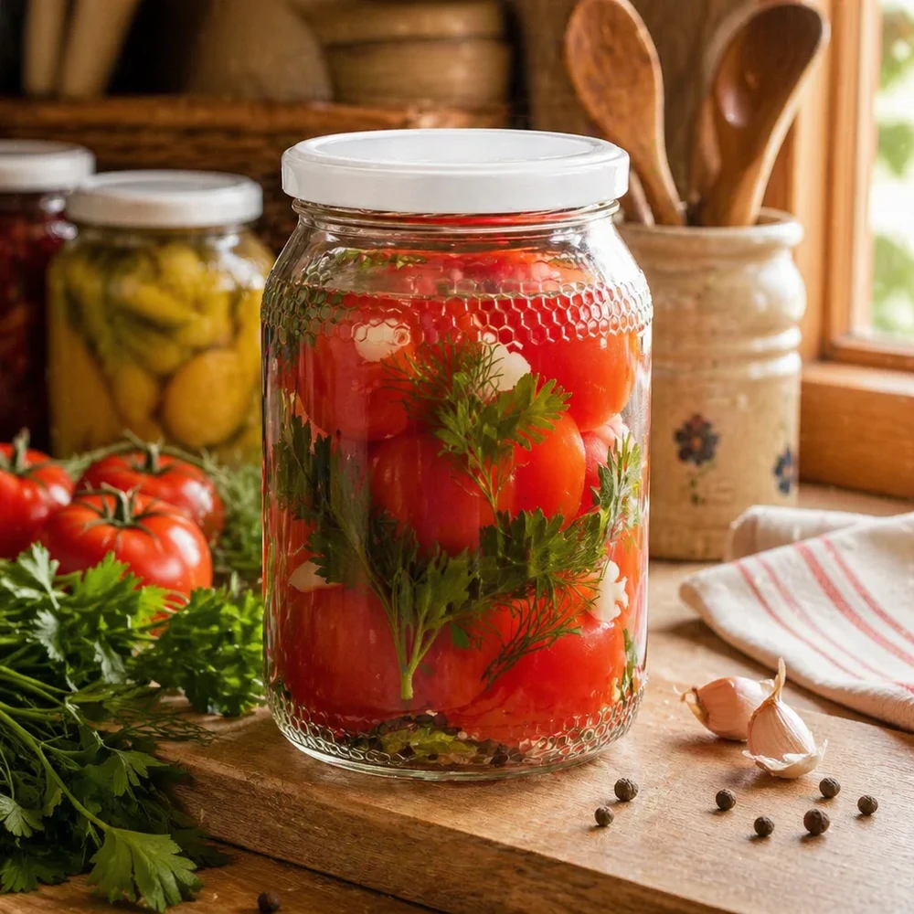 Vasetto per miele da 1260 g con capsula bianca BasicSeal UNiTWIST Vaso per miele 900ml con pomodori ed erbe in salamoia mostra le opzioni di conservazione Coperchio BasicSeal bianco