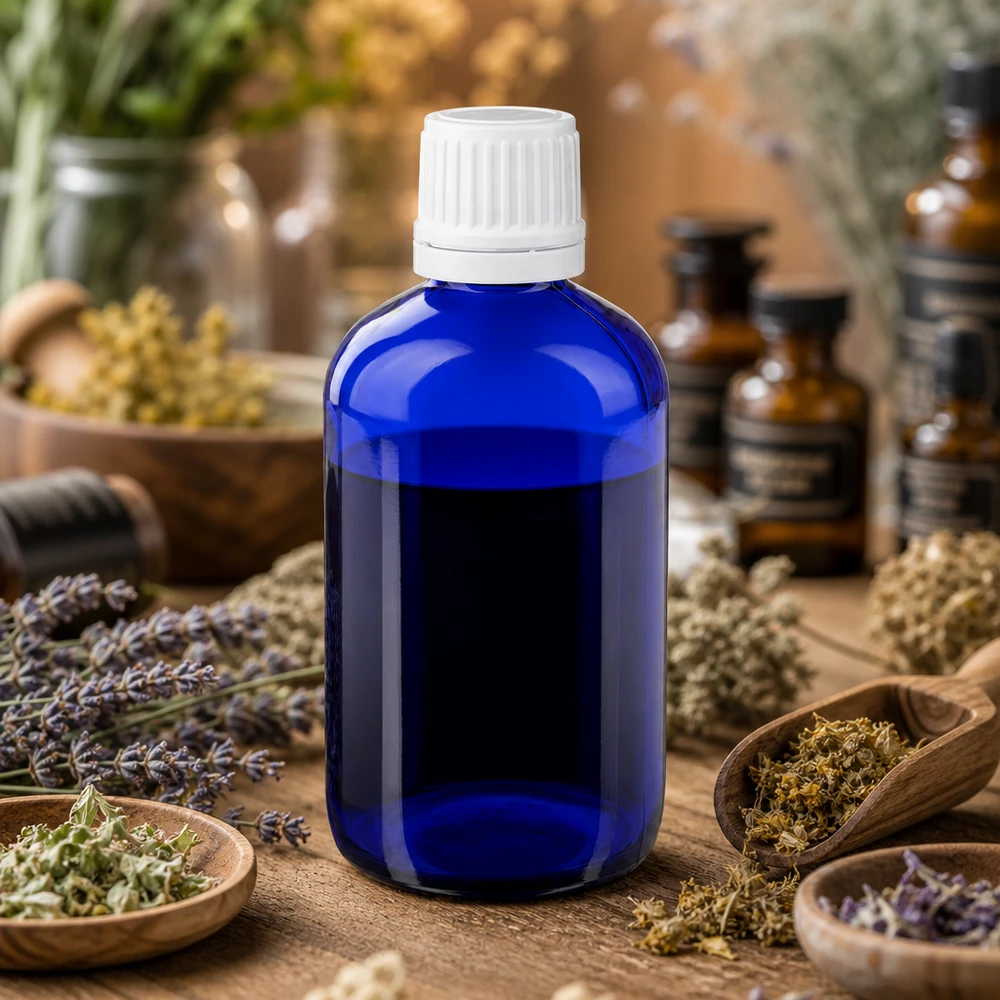 Contagocce blu da 20ml. STD KiSi bianco/1,2 mm ApoGlas Bottiglietta di vetro compatta da 20 ml, di colore blu cobalto, con tappo di sicurezza bianco, tra erbe e piante medicinali