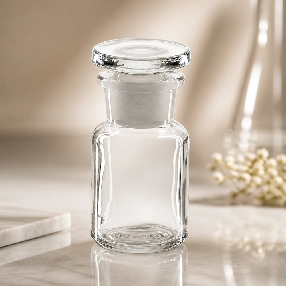 Bottiglia a spalla tonda 50ml chiara a collo largo in vetro con tappo Flacone da farmacia trasparente vuoto da 50 ml con collo largo e tappo di vetro rotondo su base di marmo
