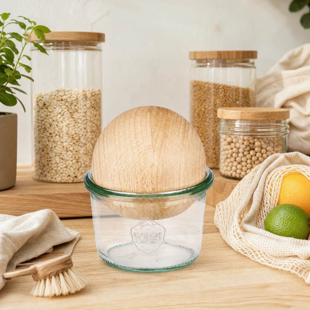 Bicchieri WECK 80ml RR60 con sfera in legno di faggio in cucina sostenibile a rifiuti zero con vasetti e sacchetto di juta