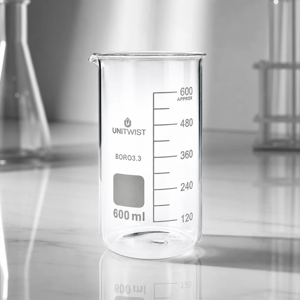Bicchiere da laboratorio UNITWIST da 600 ml, modello alto, in borosilicato, vuoto, su un banco da laboratorio con un matraccio di Erlenmeyer sullo sfondo