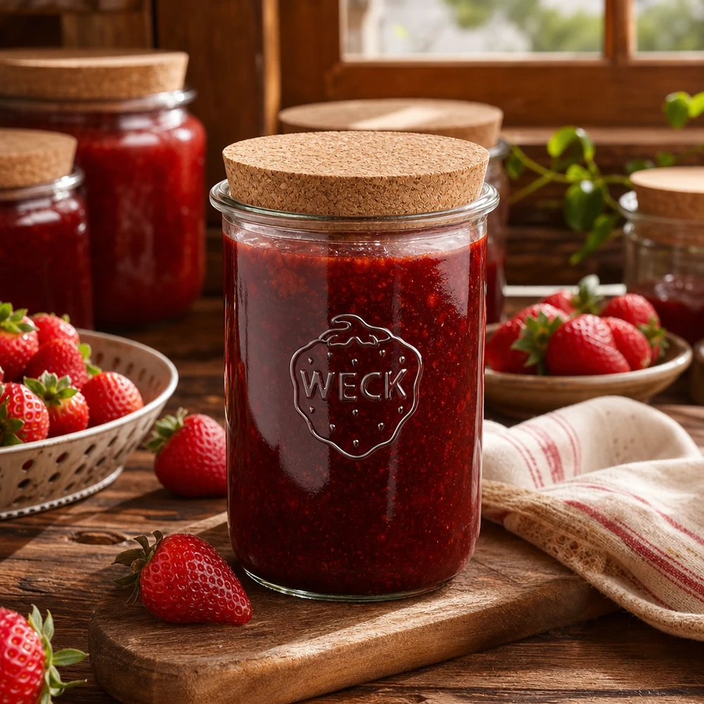 Bicchieri da 1000ml WECK RR100 con tappo in sughero naturale WECK tumbler 1000ml RR100 con coperchio in sughero riempito di marmellata di fragole circondato da fragole fresche cucina rustica