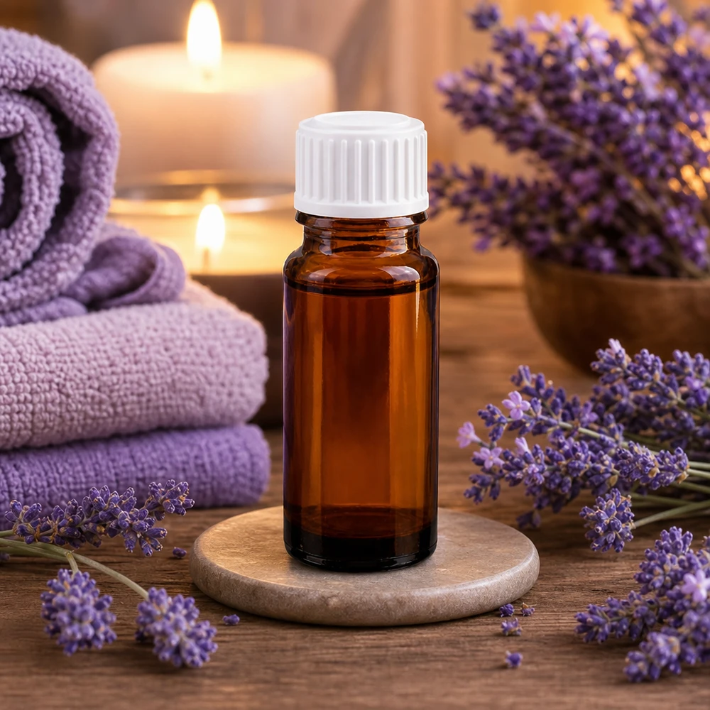 Bottiglia da farmacia marrone da 10 ml. SV STD bianco/11mm ApoGlas Flacone in vetro ambrato per aromaterapia da 10 ml con tappo bianco, tra fiori di lavanda e candele