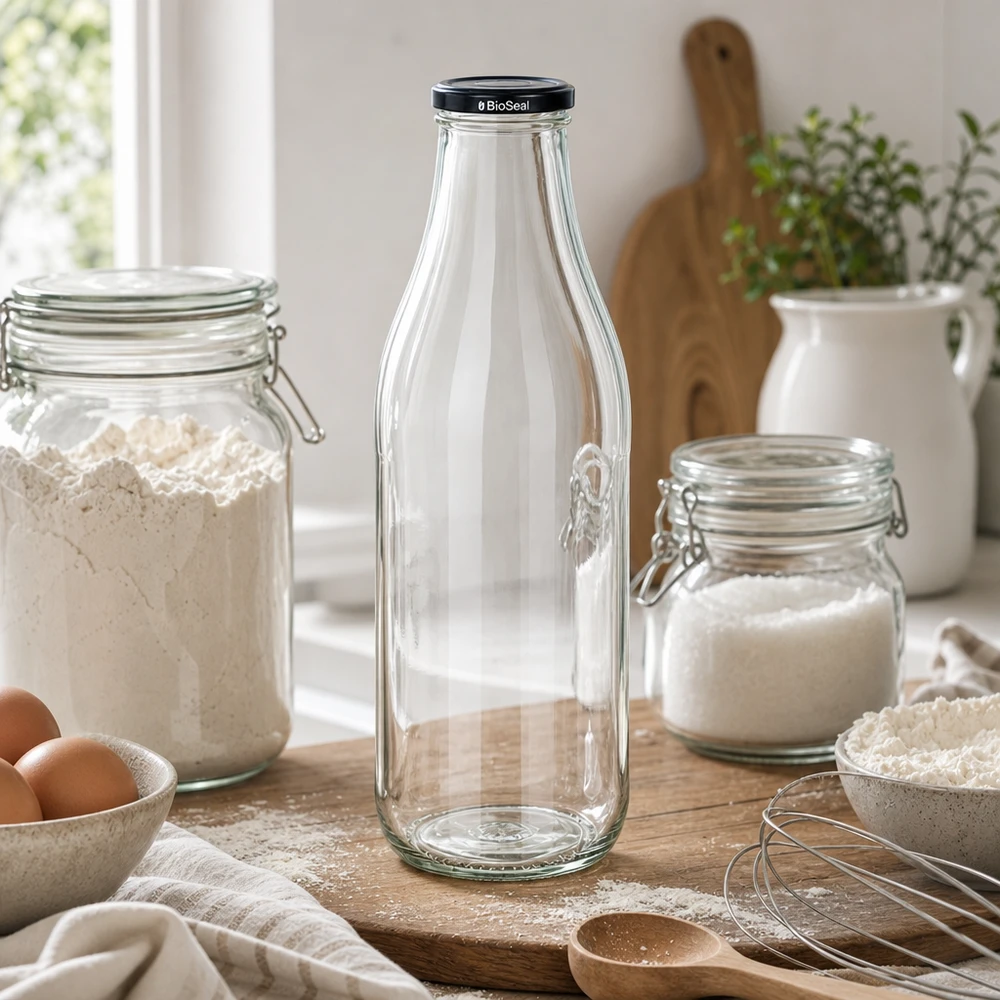 Bottiglia di vetro da 1000 ml + coperchio BioSeal nero UN.. Bottiglia in vetro da 1000 ml con coperchio BioSeal in cucina tra barattoli di stoccaggio farina zucchero utensili da cucina stile di vita
