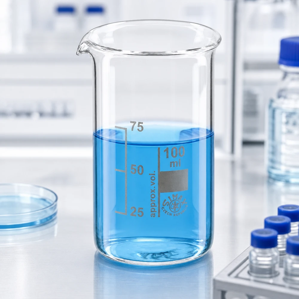 Bicchiere di precisione da 100 ml, forma alta, con graduazione incisa 25, 50, 75 ml, in vetro borosilicato