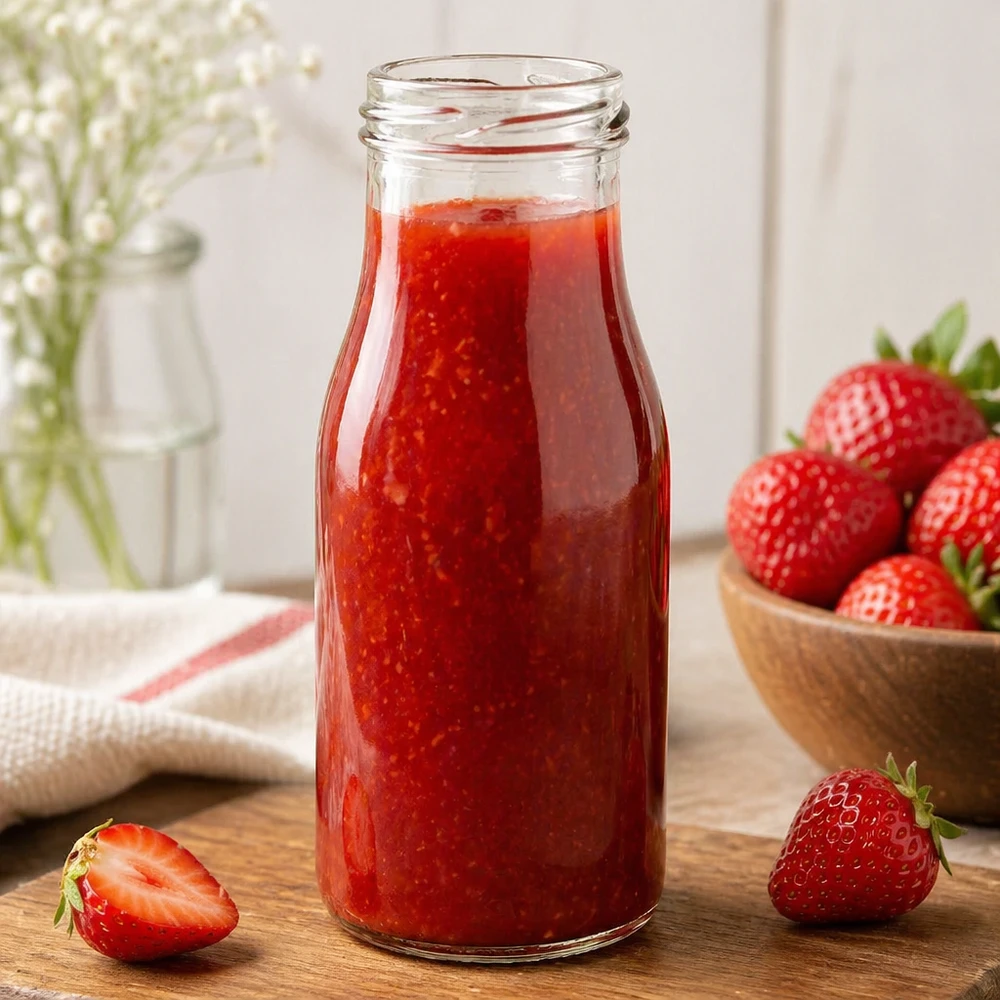 UNiTWIST Bottle150 - Bottiglia capacità 150ml TO43 UNiTWIST Bottle150 Bottiglia di vetro da 150 ml TO43 riempita di succo di fragola accanto a fragole fresche su un tavolo di legno