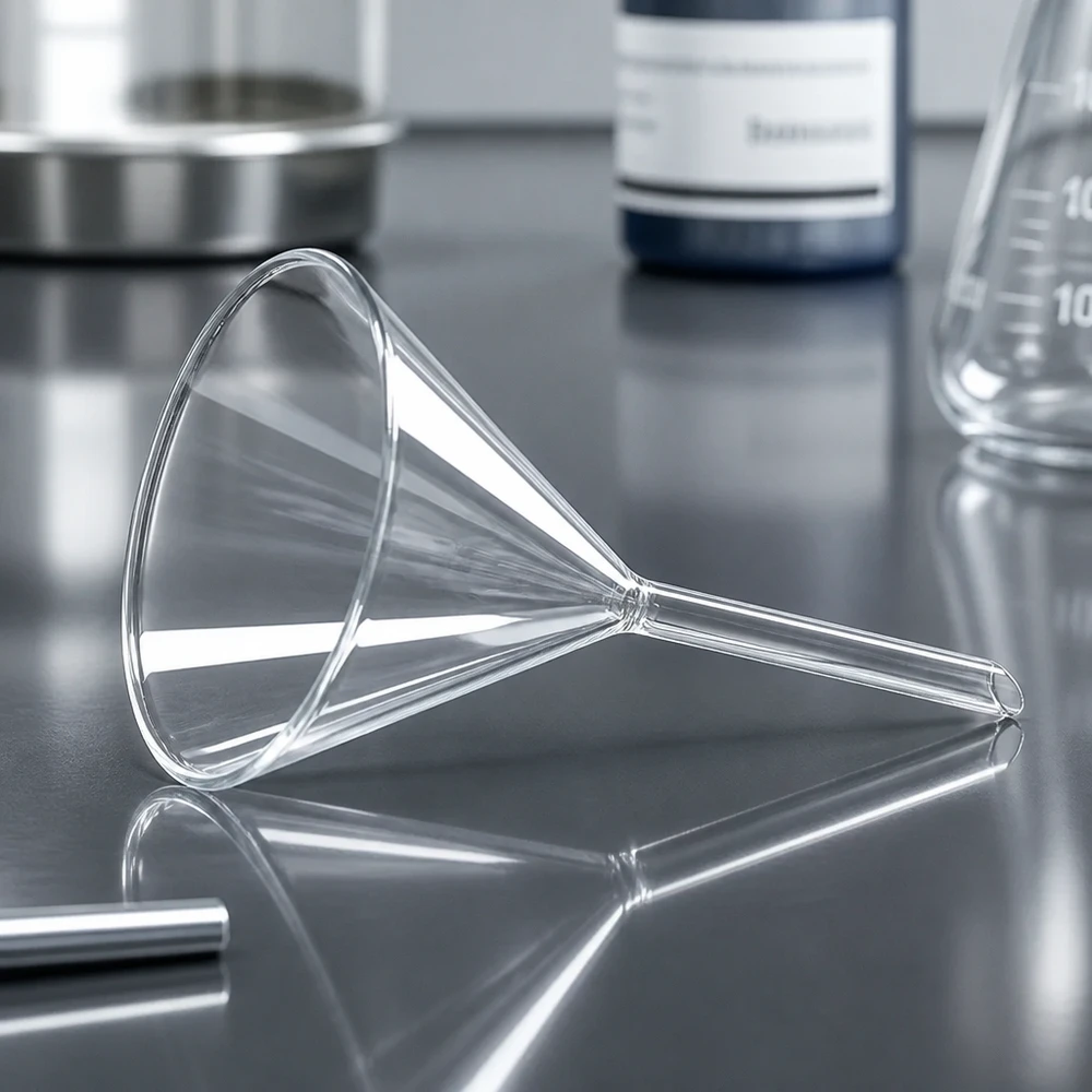 Imbuto Ø 80mm per calce sodata, angolo 60°, stile corto Imbuto in vetro trasparente da 80 mm con angolo di 60° per un travaso accurato in ambiente di laboratorio
