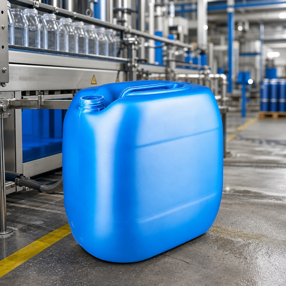 Tanica 30 litri blu senza tappo Tanica blu vuota da 30 litri senza coperchio in un impianto di riempimento industriale