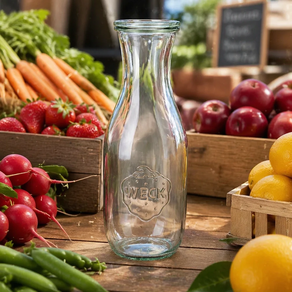 Bottiglia di succo WECK 1062ml trasparente vuota su tavolo di legno con frutta fresca verdure ravanelli carote limoni mele