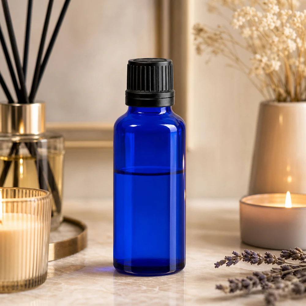 Bottiglia contagocce blu da 30ml OV nero/1mm ApoGlas Flacone contagocce per aromaterapia da 30 ml in vetro protettivo blu cobalto con tappo nero OV