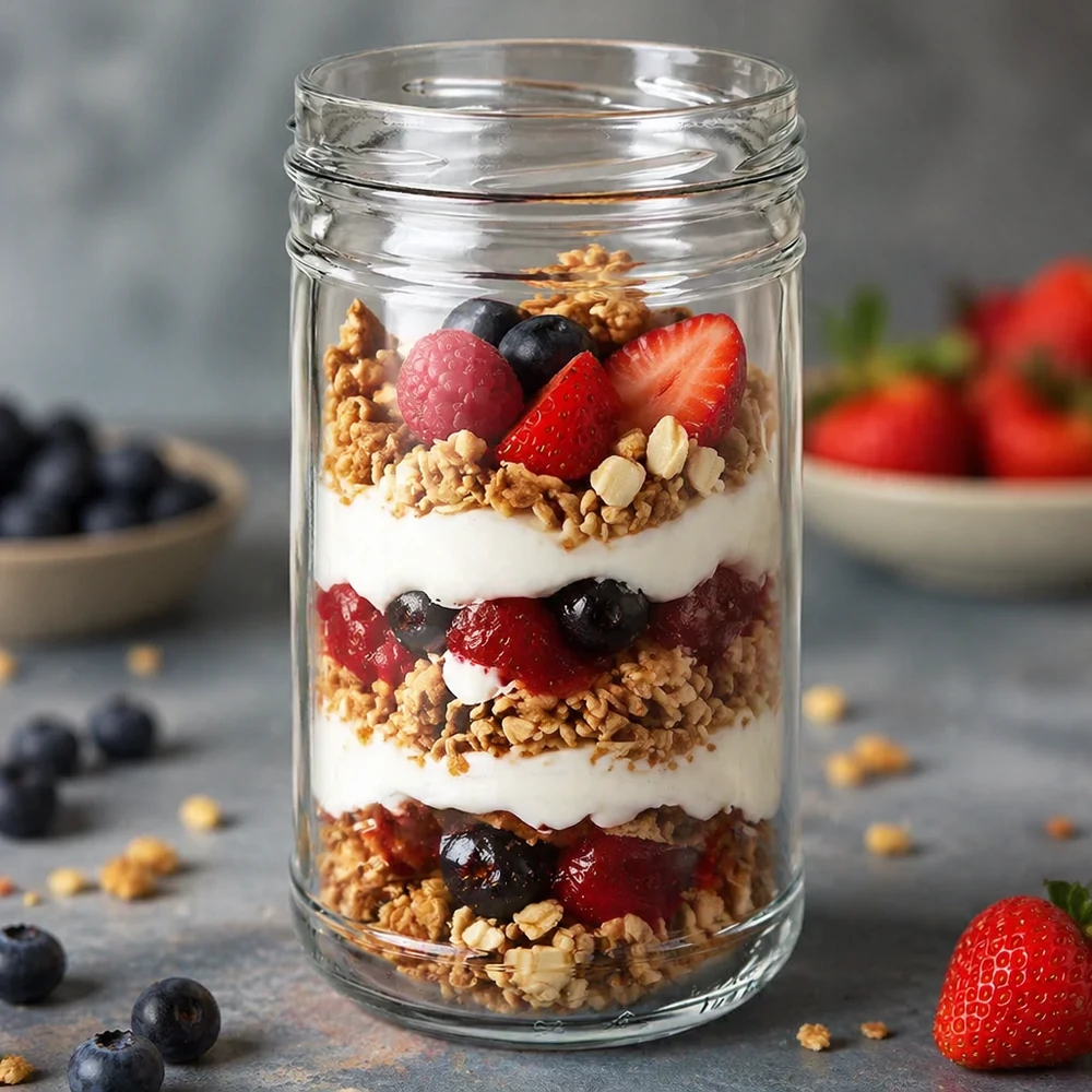 UNiTWIST Sturz1053 - Bicchieri capacità 1053ml TO100 Bicchieri UNiTWIST 1053ml TO100 riempiti con yogurt muesli frutti di bosco dessert a strati come esempio di applicazione cucina