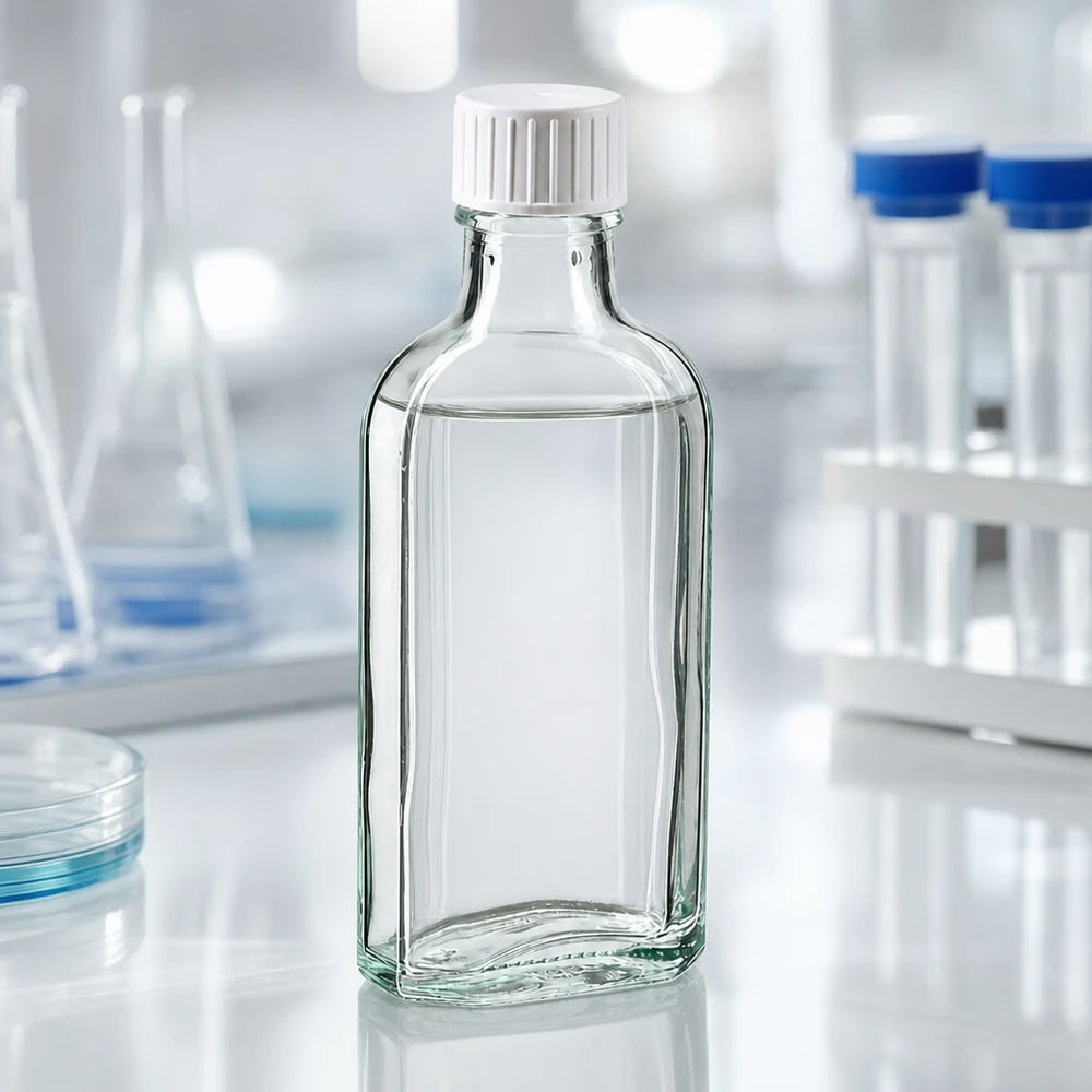 100 ml Meplat tappo a vite trasparente con anello versatore Flacone di vetro Meplat da 100 ml, di forma piatta, con tappo a vite bianco e anello versatore, in formato verticale