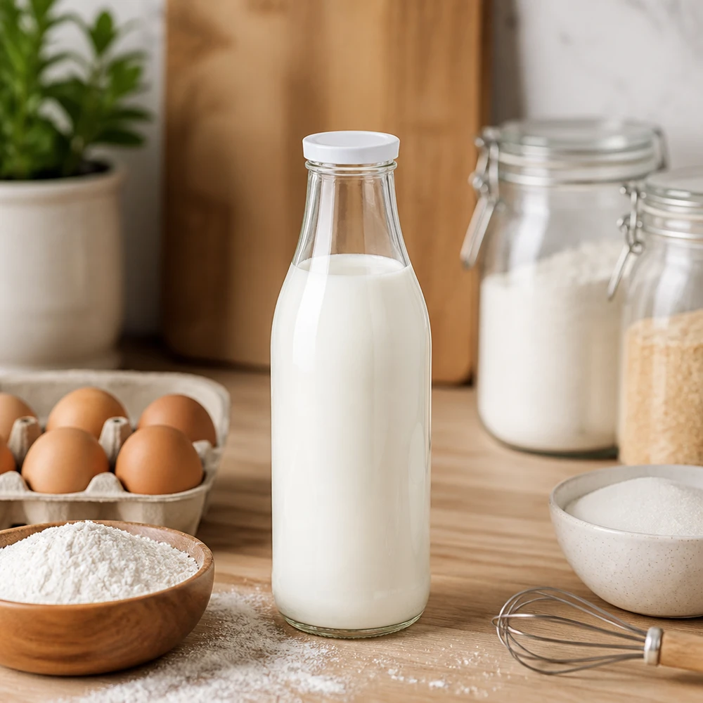 Bottiglia di vetro da 1000 ml riempita di latte Coperchio BasicSeal bianco Scenario cucina Ingredienti per la cottura Uova Farina Contenitore di stoccaggio