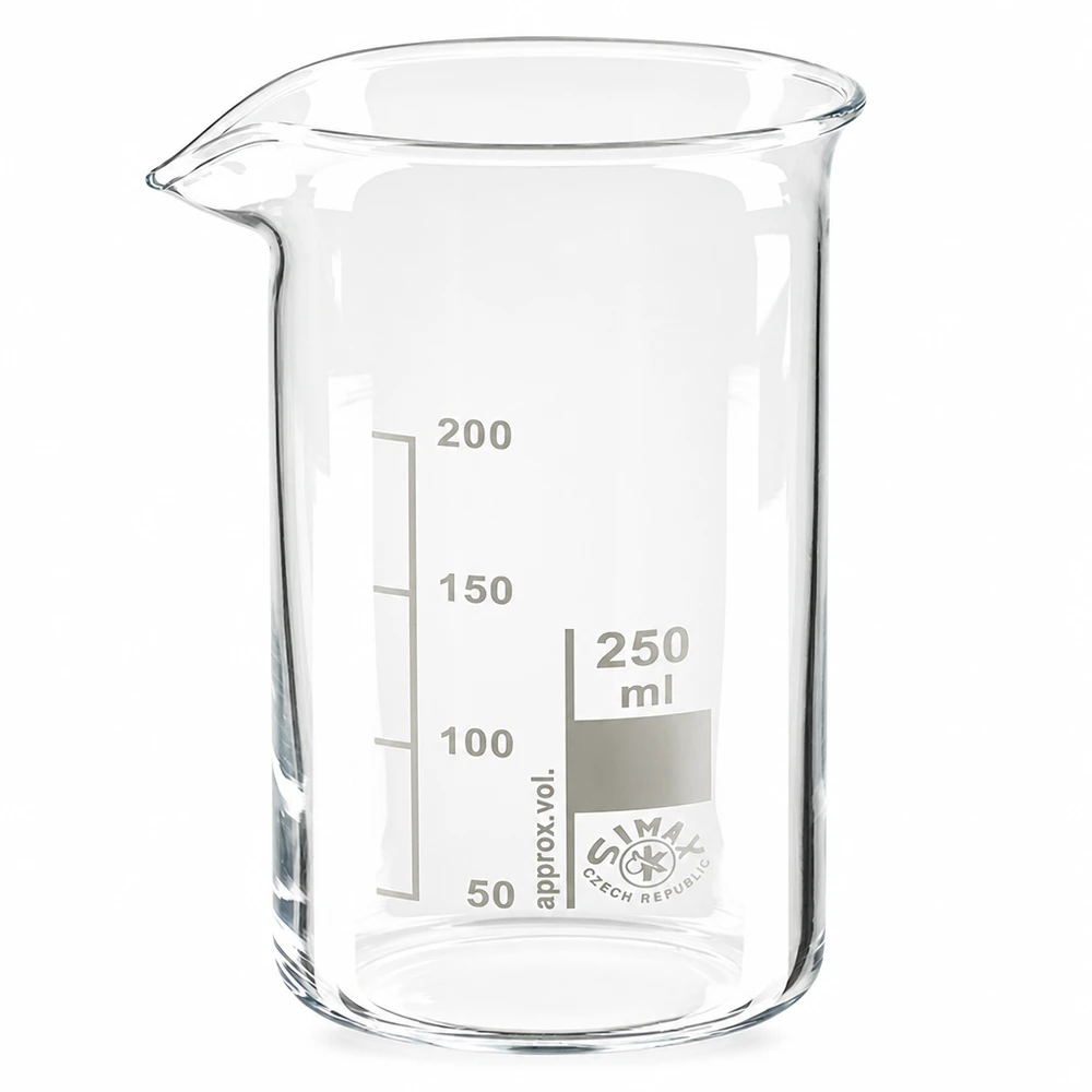 Bicchiere da laboratorio da 250 ml, forma alta, in vetro borosilicato trasparente con scala in millilitri