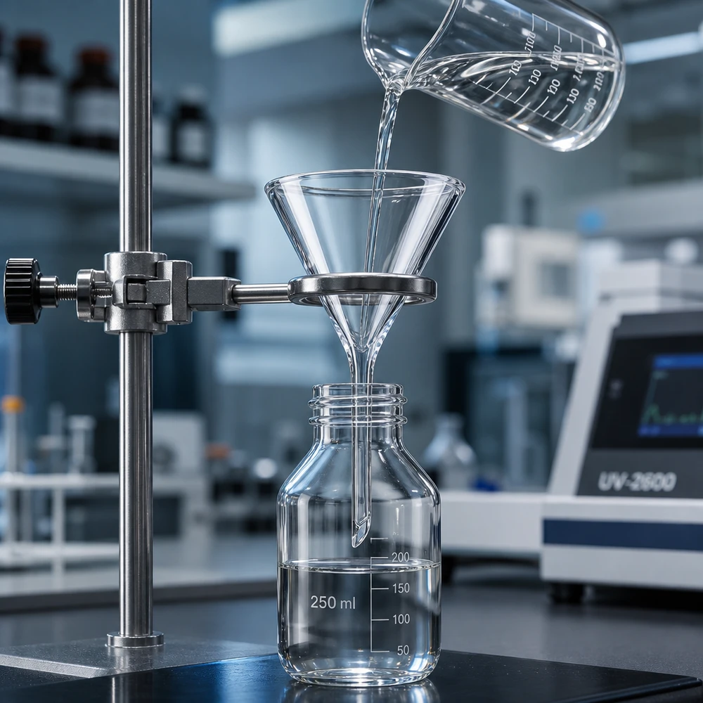 Imbuto da laboratorio compatto da 40 mm in vetro soda-lime con manico corto salvaspazio per spazi di lavoro ristretti