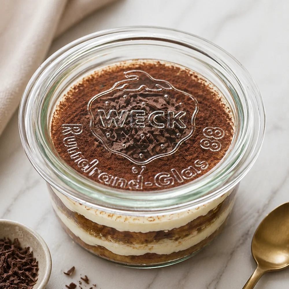 Coperchio in vetro WECK RR80 su dessert tiramisù in barattolo Weck con logo in rilievo e spolverata di cacao come scena di cucina