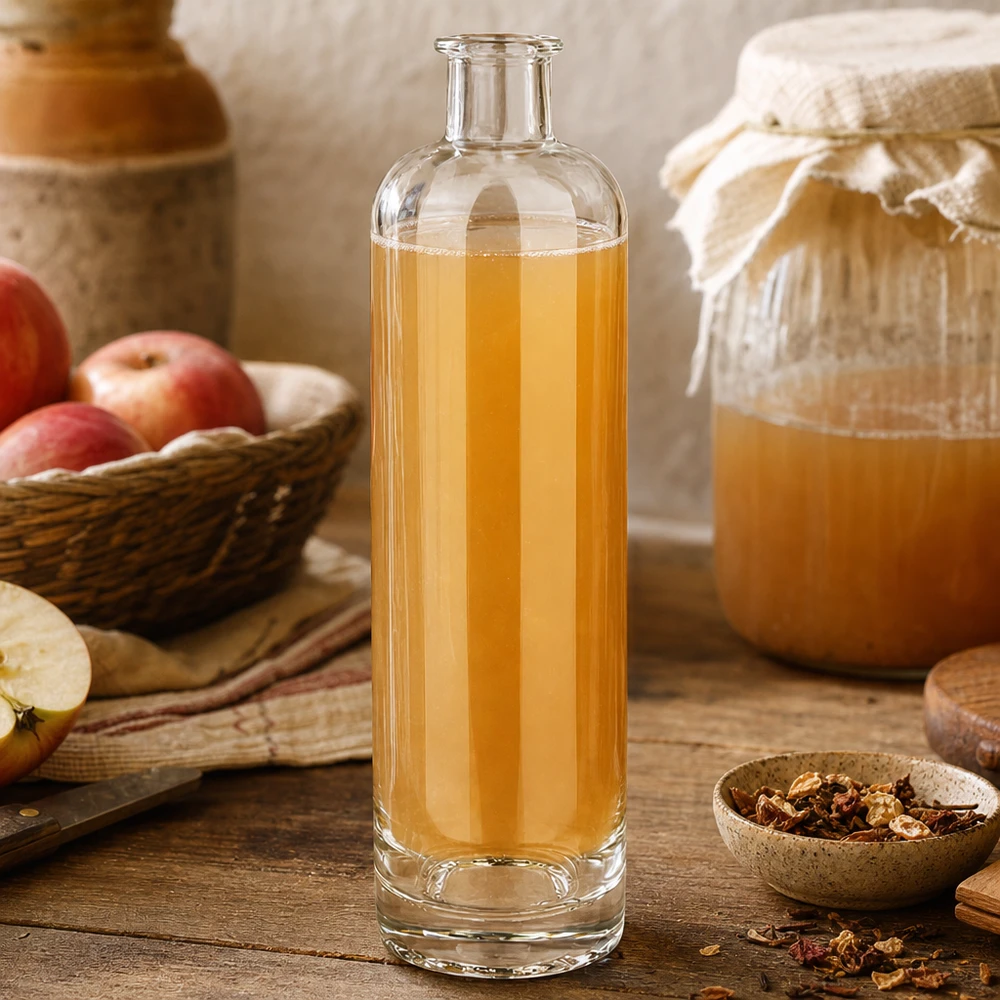 Bottiglia in vetro da 500 ml Ella senza tappo UNiTWIST® Bottiglia in vetro da 500 ml di Ella UNiTWIST riempita di succo di mela accanto a mele fresche e miele Scenario di cucina rustica