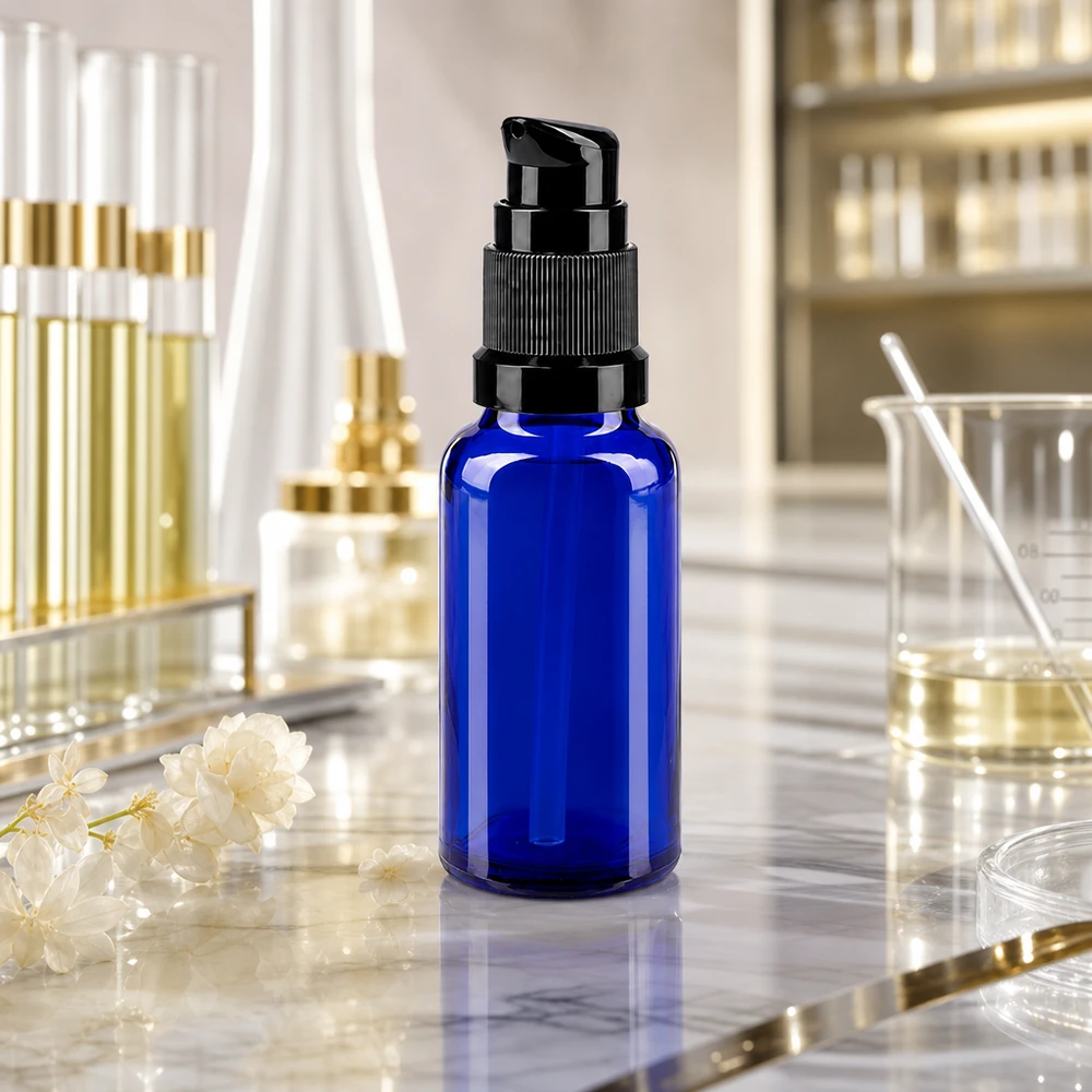 Flacone blu da 20 ml con dosatore, in vetro da farmacia, in un laboratorio con becher e provette