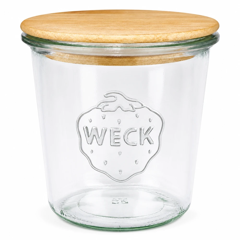 580ml WECK RR100 tumbler con coperchio di legno Vasetto da 580 ml WECK RR100 con coperchio in legno naturale, vasetto trasparente con logo in rilievo