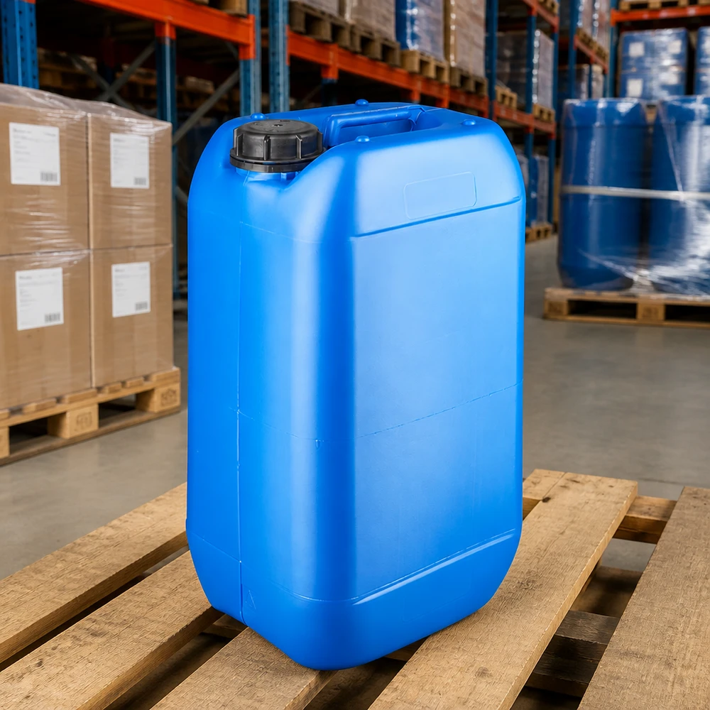 Tanica 15 litri blu con tappo a vite OV Robusto contenitore da 15 litri di colore blu con tappo a vite OV, su pallet di legno, in magazzino