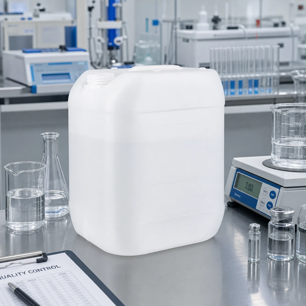 Tanica 20 litri senza tappo Tanica quadrata da 20 litri senza tappo, realizzata in plastica adatta al contatto con gli alimenti, utilizzata in laboratorio