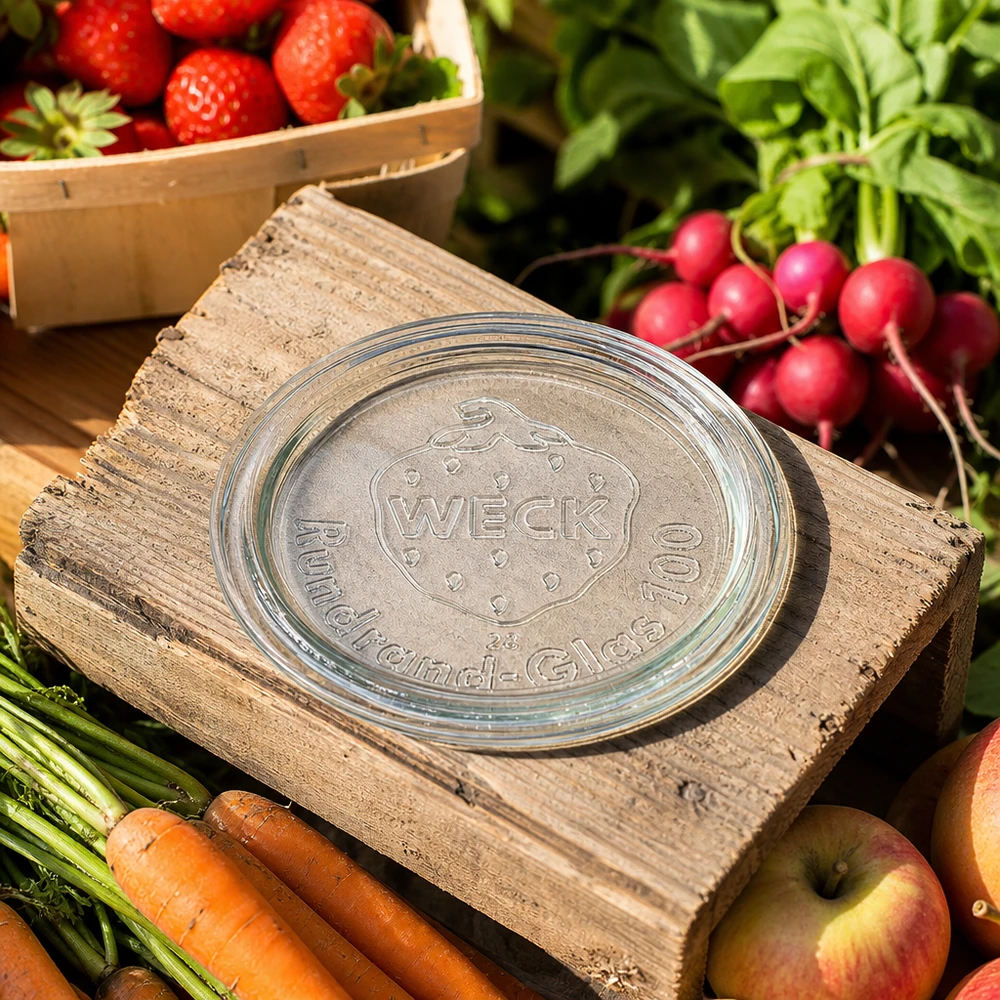 Coperchio in vetro WECK RR100 su tavola di legno con verdure fresche, frutta e fragole in un contesto di giardino