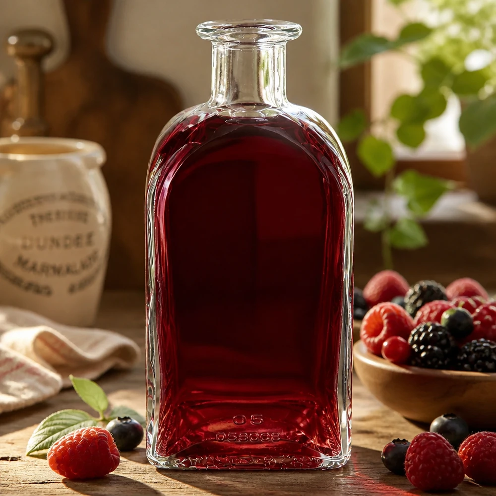 Bottiglia di vetro Julia 500ml piena di liquido rosso circondata da bacche come decorazione su un tavolo di legno
