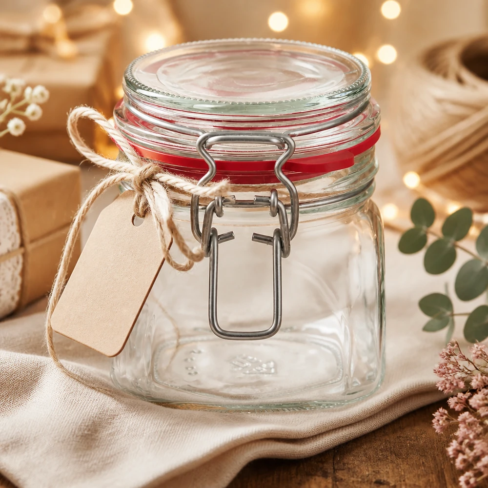 Barattolo compatto da 370 ml con manico in metallo e etichetta decorativa in carta kraft.