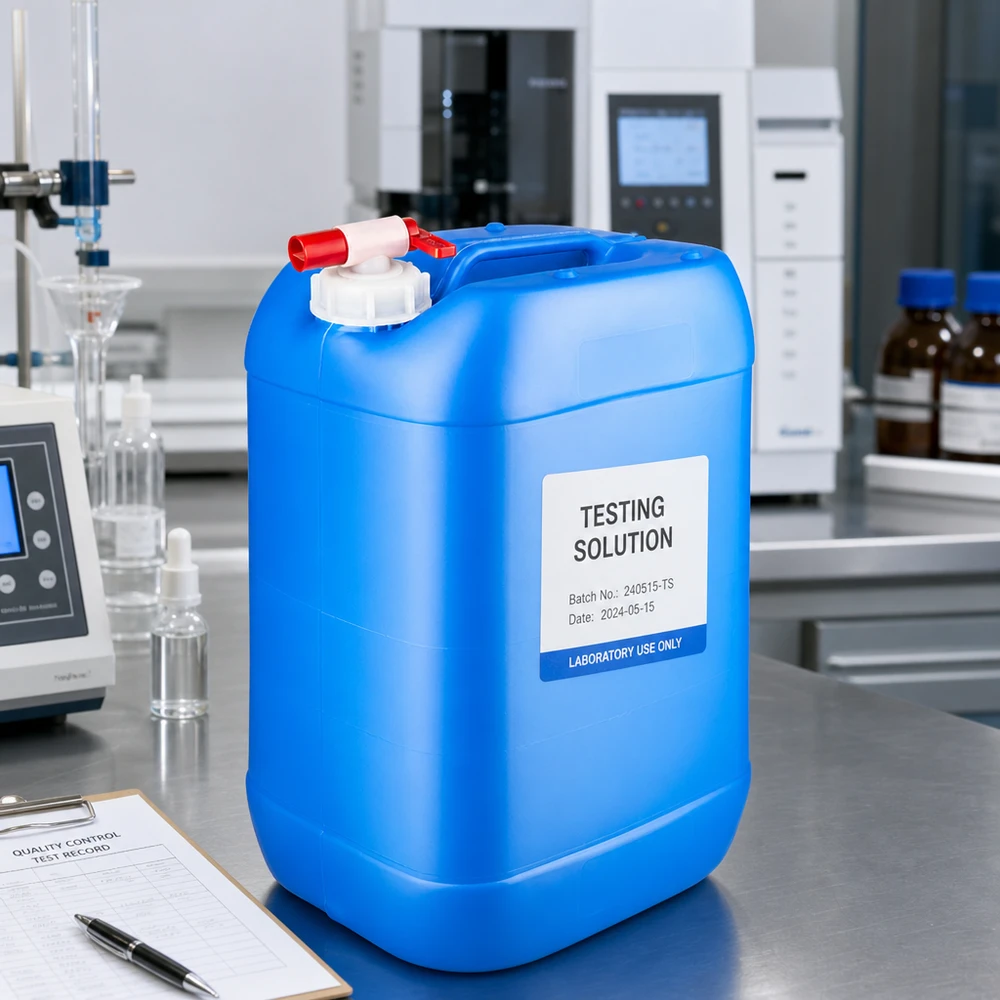 Contenitore da laboratorio da 25 litri, blu, con rubinetto di scarico, su un tavolo in acciaio inossidabile accanto alle apparecchiature di laboratorio