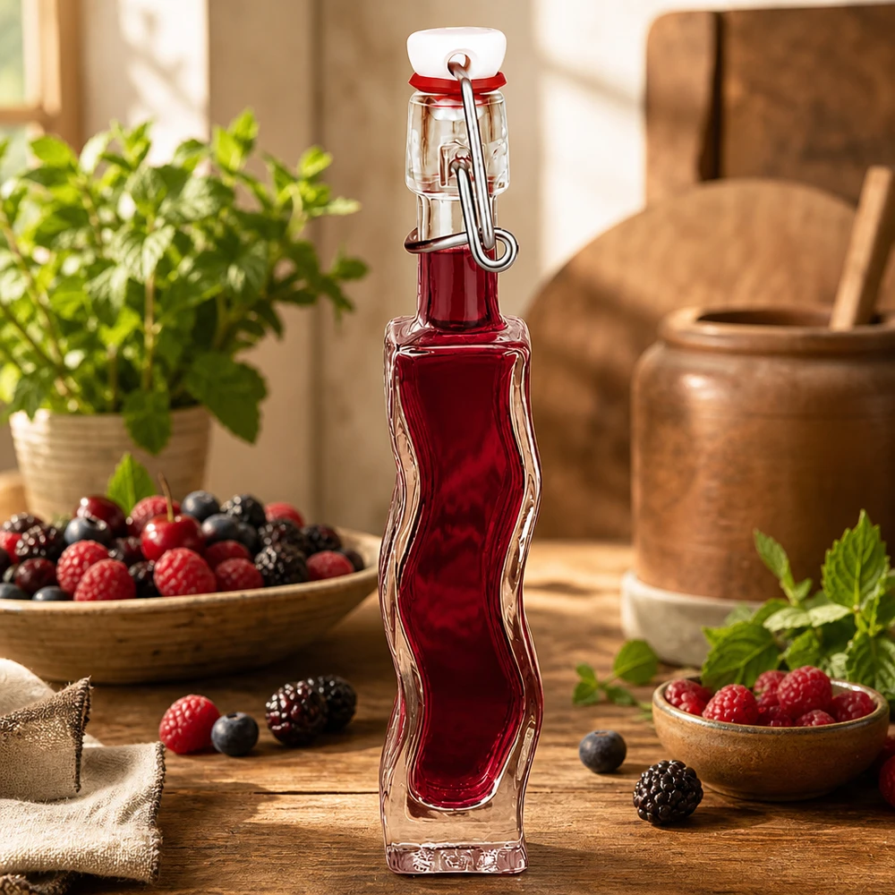 Flacone in vetro da 40 ml Fila con tappo a clip in PVC UNiTWIST® 40ml Glasflasche Anna mit Beerensaft gefüllt, dekorativ arrangiert mit frischen Beeren und Minze auf Holztisch