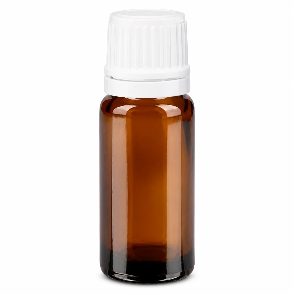 Flacone da farmacia in vetro marrone da 10 ml con tappo contagocce bianco OV e apertura da 0,7 mm