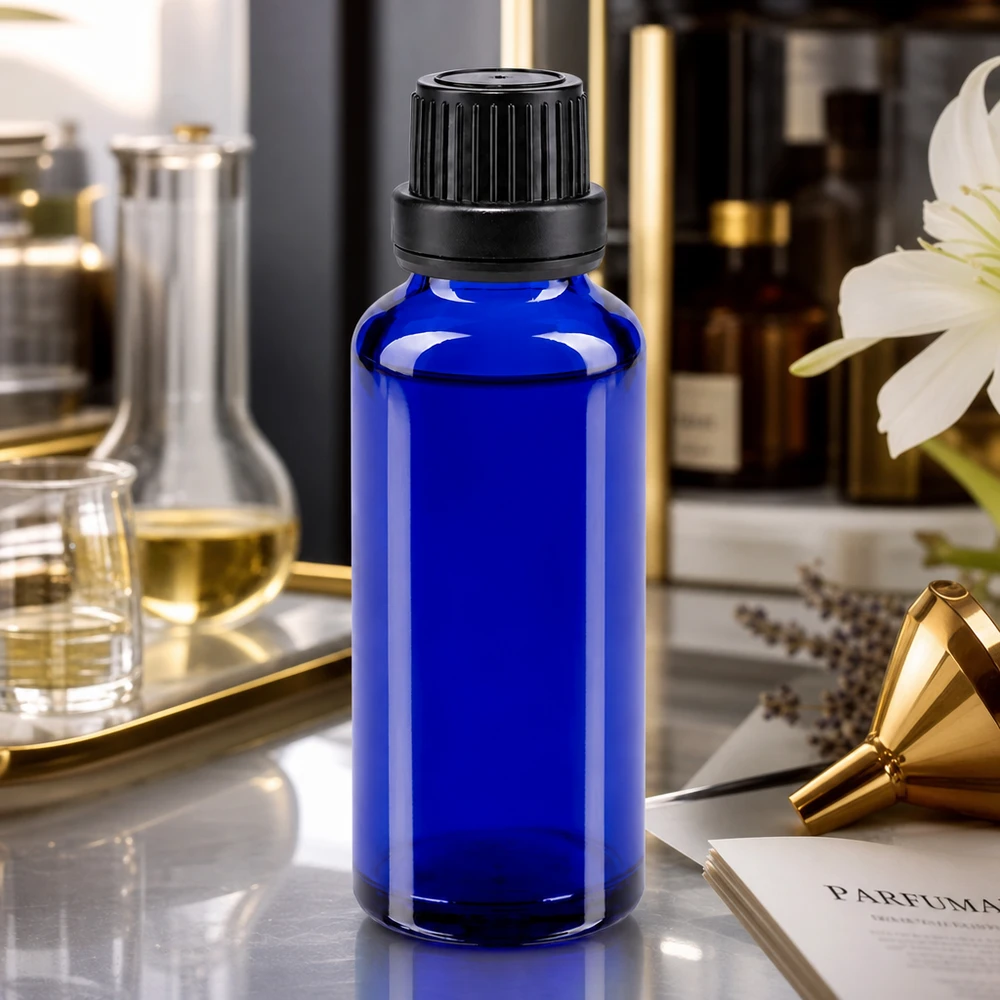 Flacone contagocce ApoGlas blu da 30 ml con inserto da 2 mm e tappo nero per la produzione di profumi