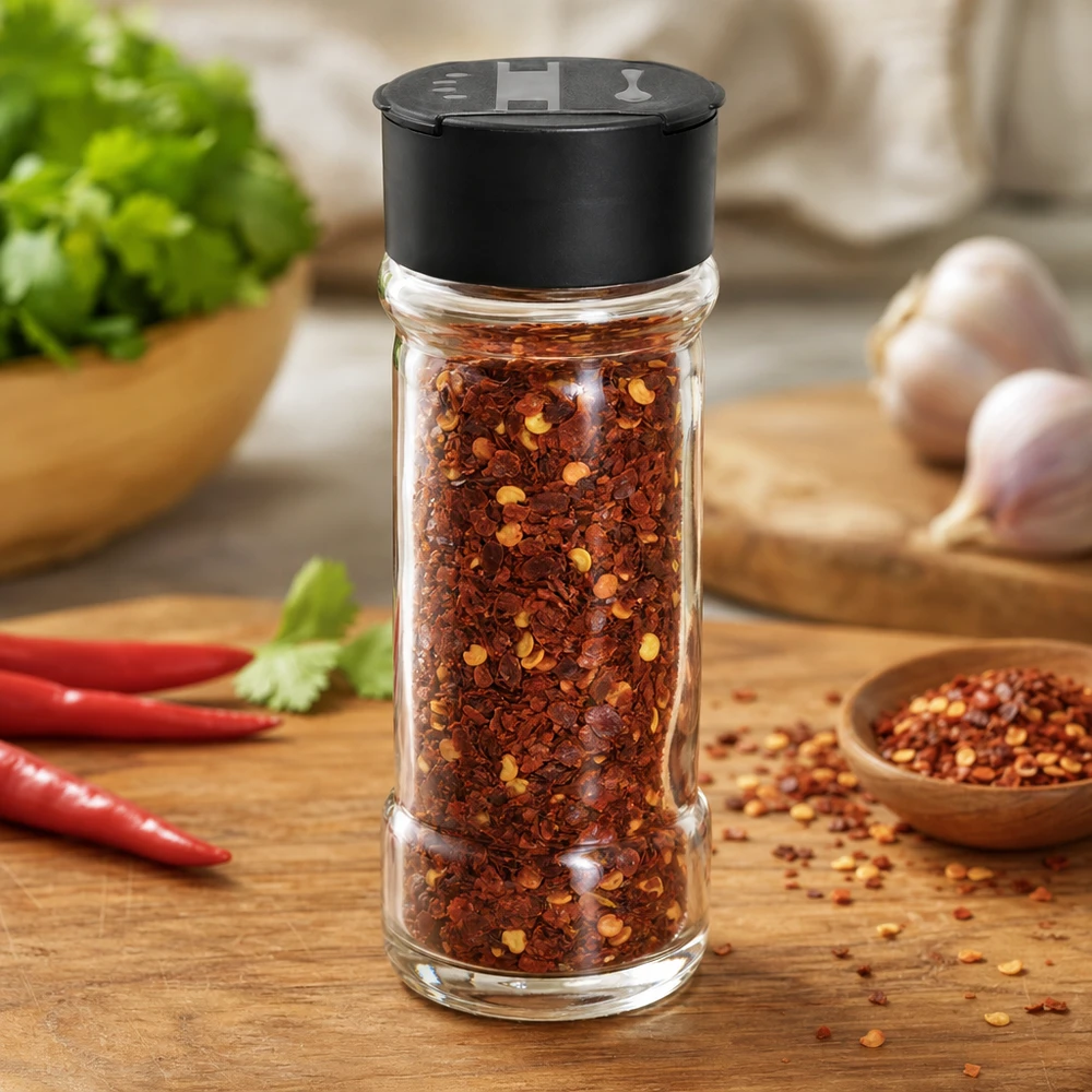 Barattolo per sale e spezie da 100 ml con doppio dosatore, nero Vaso di vetro trasparente da 100 ml riempito con fiocchi di peperoncino e dotato di tappo nero a doppia spargitrice