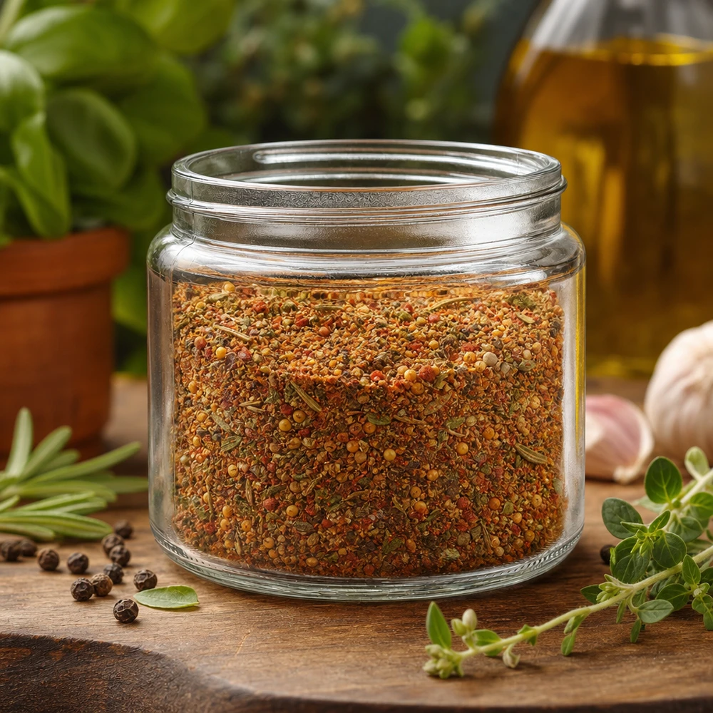 Barattolo di vetro trasparente da 250 ml riempito con mix di spezie circondato da erbe fresche, aglio e olio d'oliva Decorazione per la cucina