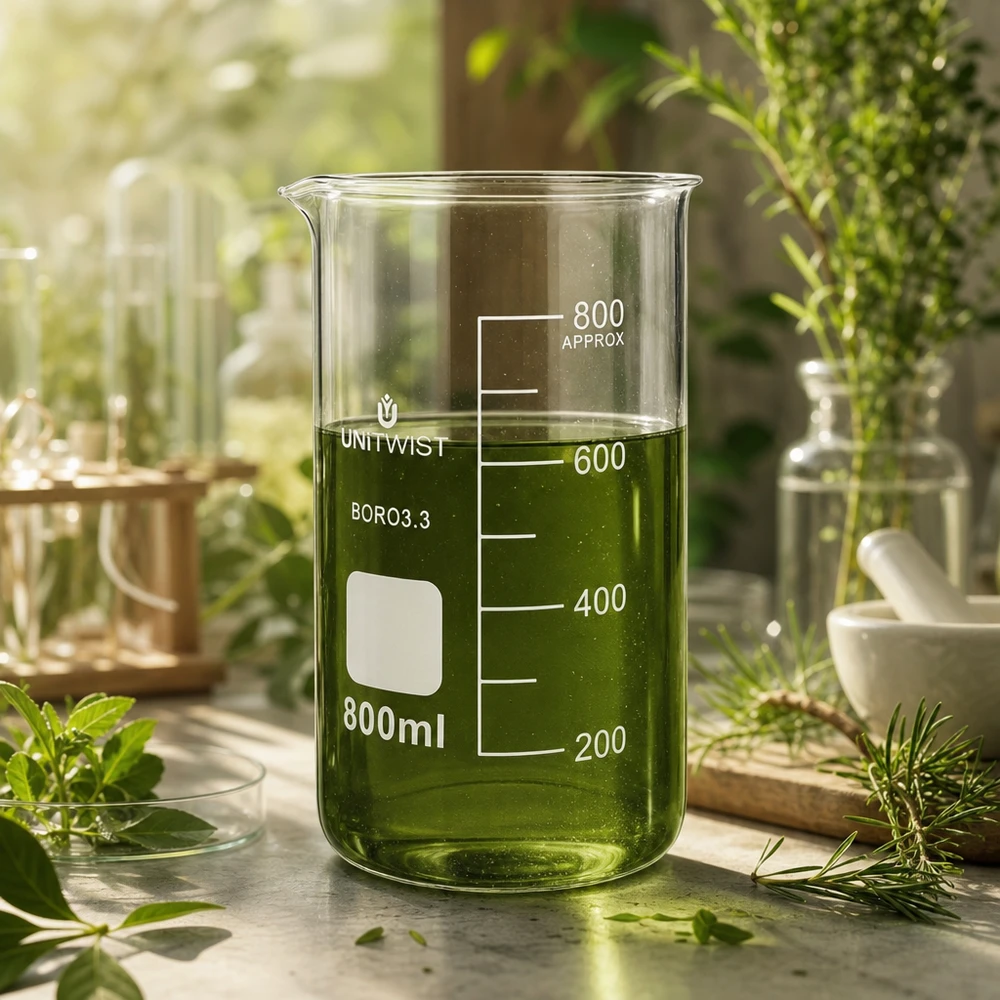 Bicchiere da laboratorio da 800 ml, modello alto UNITWIST, con estratto vegetale verde circondato da erbe aromatiche fresche