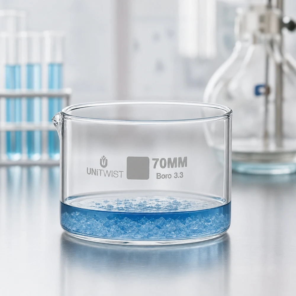 Piatto per cristallizzazione ø70mm in vetro borosilicato UNiTWIST Vaschetta di cristallizzazione UNiTWIST ø70 mm Boro 3.3 con cristalli blu su un tavolo da laboratorio