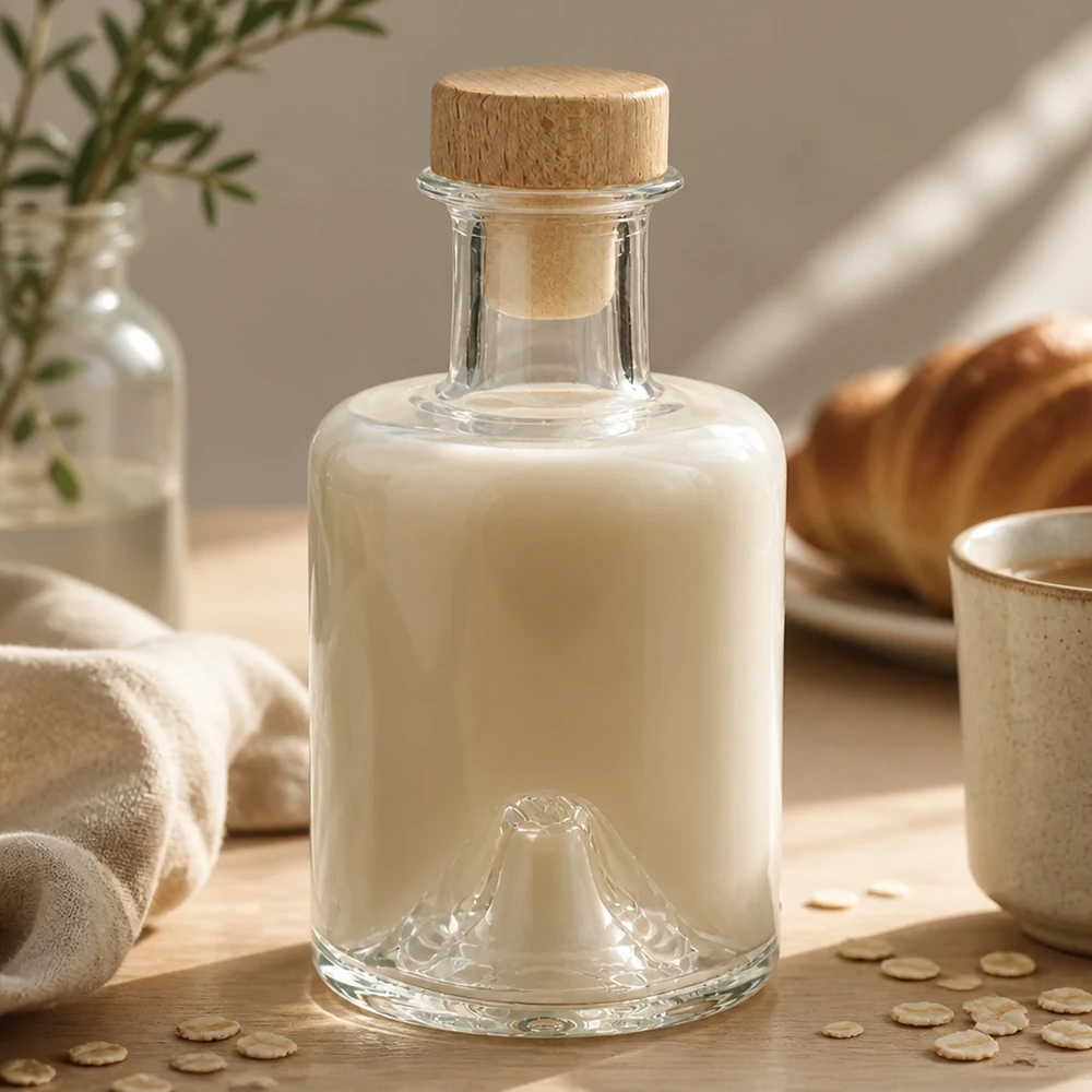 Bottiglia in vetro di Sofia da 200 ml con tappo in legno, riempita con latte d'avena cremoso in un ambiente di cucina naturale con fiocchi d'avena.