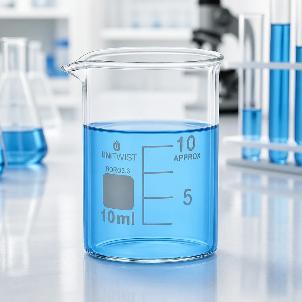 Becher da laboratorio in vetro trasparente da 10 ml contenente un liquido blu su un tavolo da laboratorio bianco