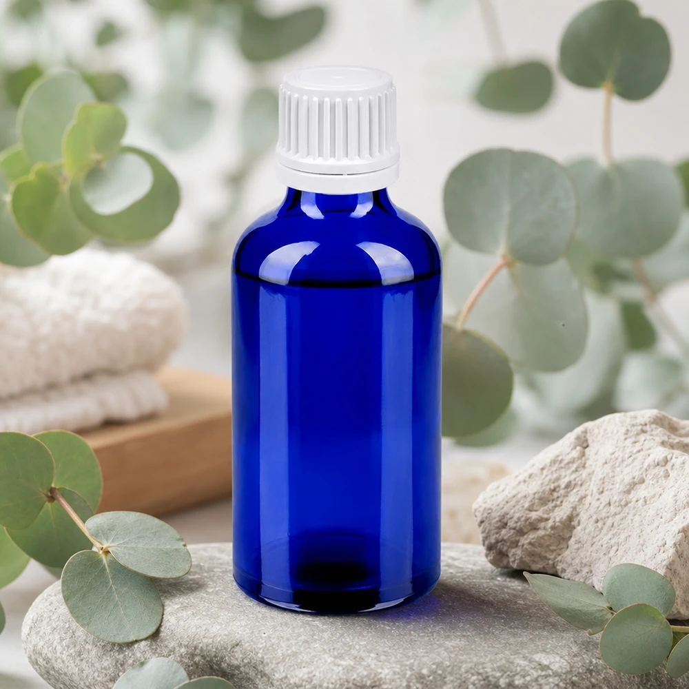 Bottiglia da 50ml 11mm SV bianco OV BlueLine UT18/50 Flacone in vetro blu da 50 ml con coperchio bianco, perfettamente dimensionato per i viaggi e per l'uso.