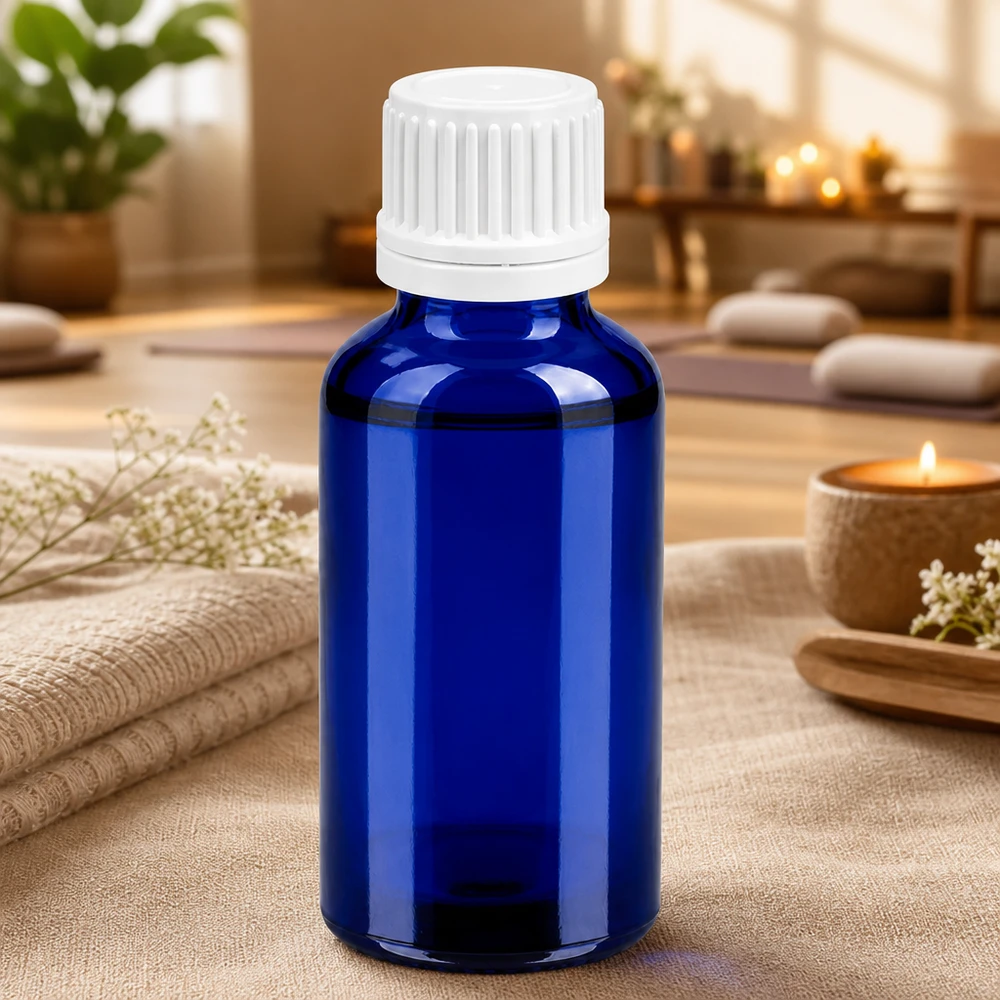 Bottiglia da 30ml 11mm SV bianco OV BlueLine UT18/30 Robusto flacone in vetro blu da 30 ml con tappo bianco per cosmetici e prodotti per la cura naturali