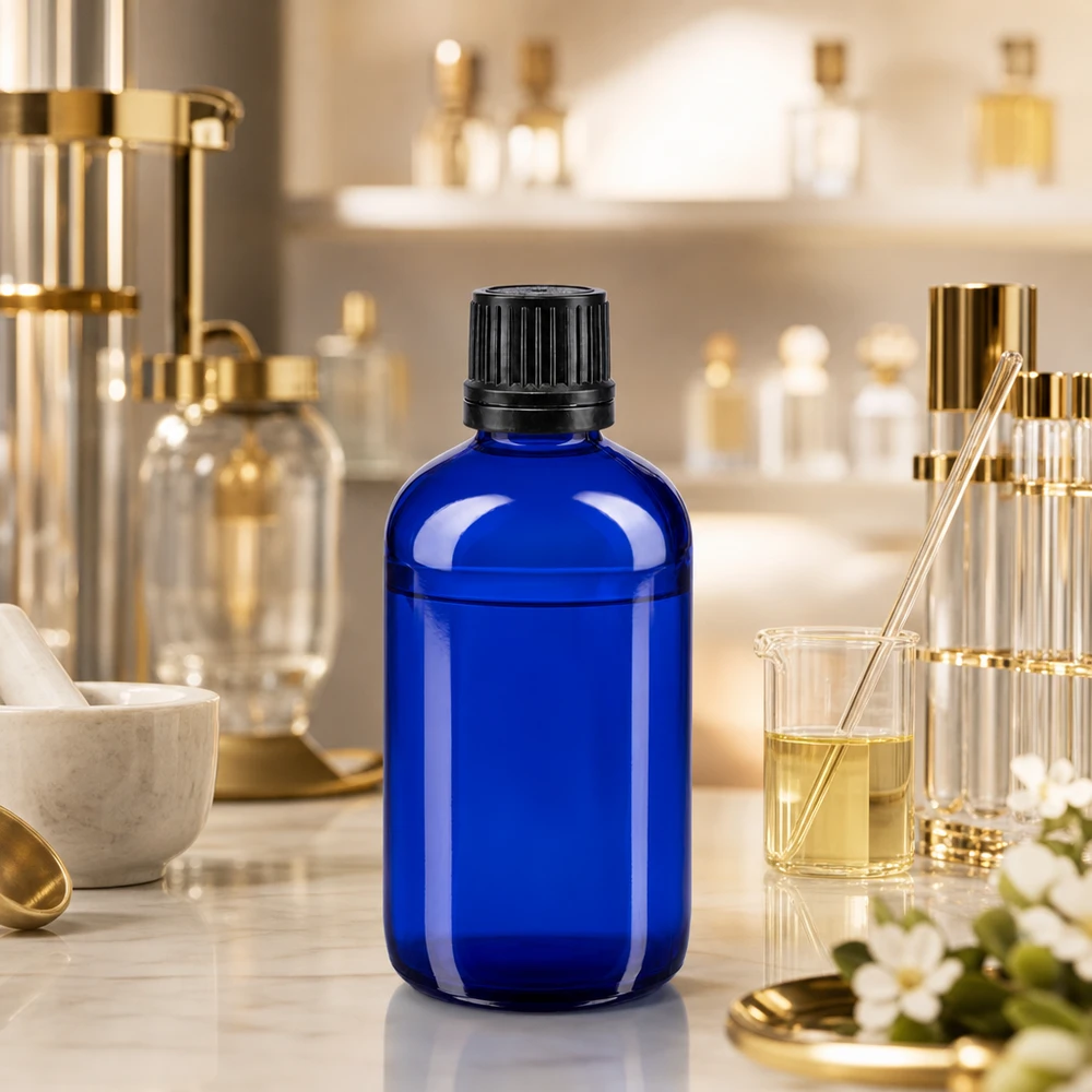 100ml ble. (Glo.)Bottiglia GR OV nero/8mm ApoGlas Flacone da farmacia in vetro blu da 100 ml con tappo OV nero nel laboratorio di profumi