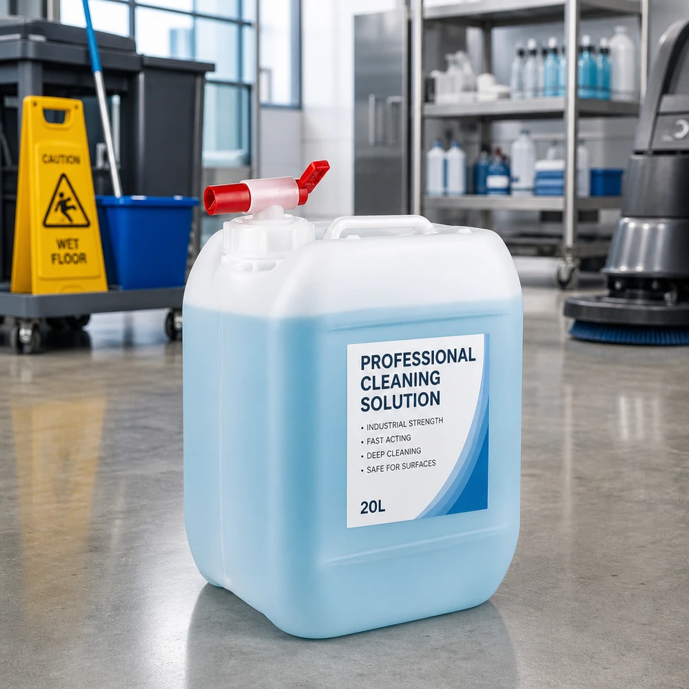 Tanica blu da 5 litri per detergenti con rubinetto, su pavimento in cemento in un ambiente di pulizia professionale