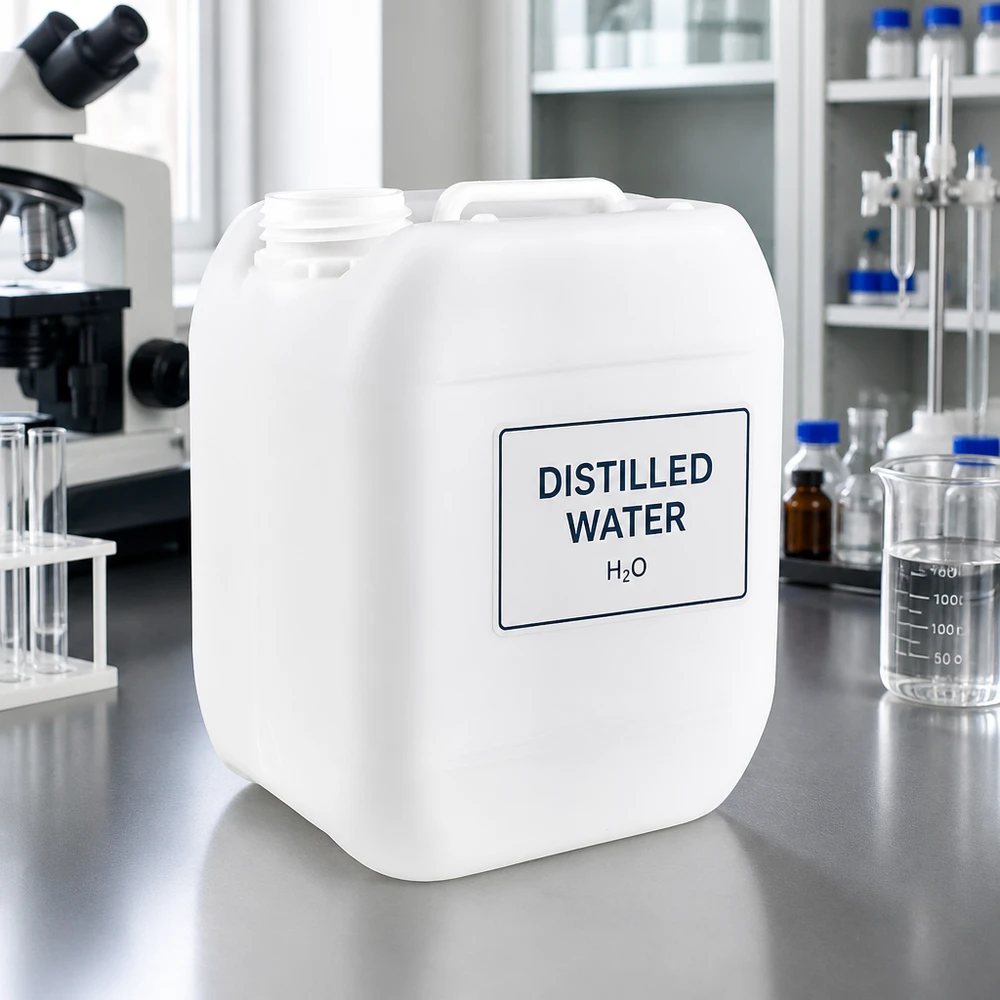 Tanica da 5 litri senza tappo Tanica da 5 litri senza tappo con la scritta “Acqua distillata” in laboratorio