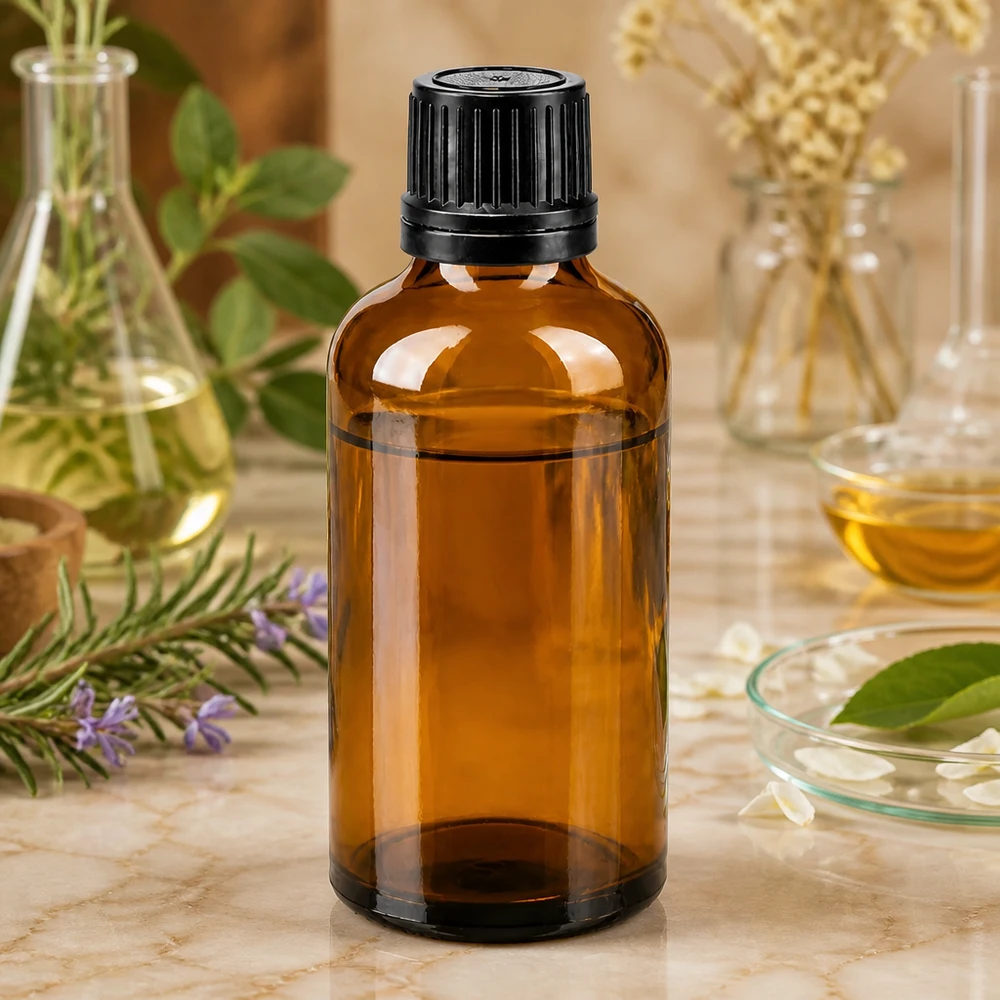 Flacone in vetro ambrato da 50 ml con tappo OV nero, vetro da farmacia da 8 mm, Rosmarino, cosmetici naturali