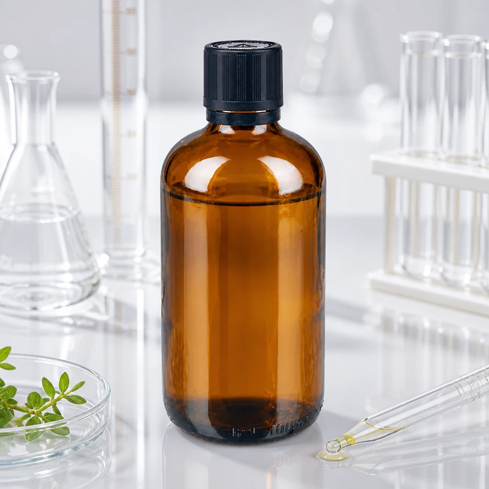 Flacone da 100 ml in vetro ambrato con tappo di sicurezza nero a prova di bambino, in laboratorio tra un matraccio di Erlenmeyer e delle provette